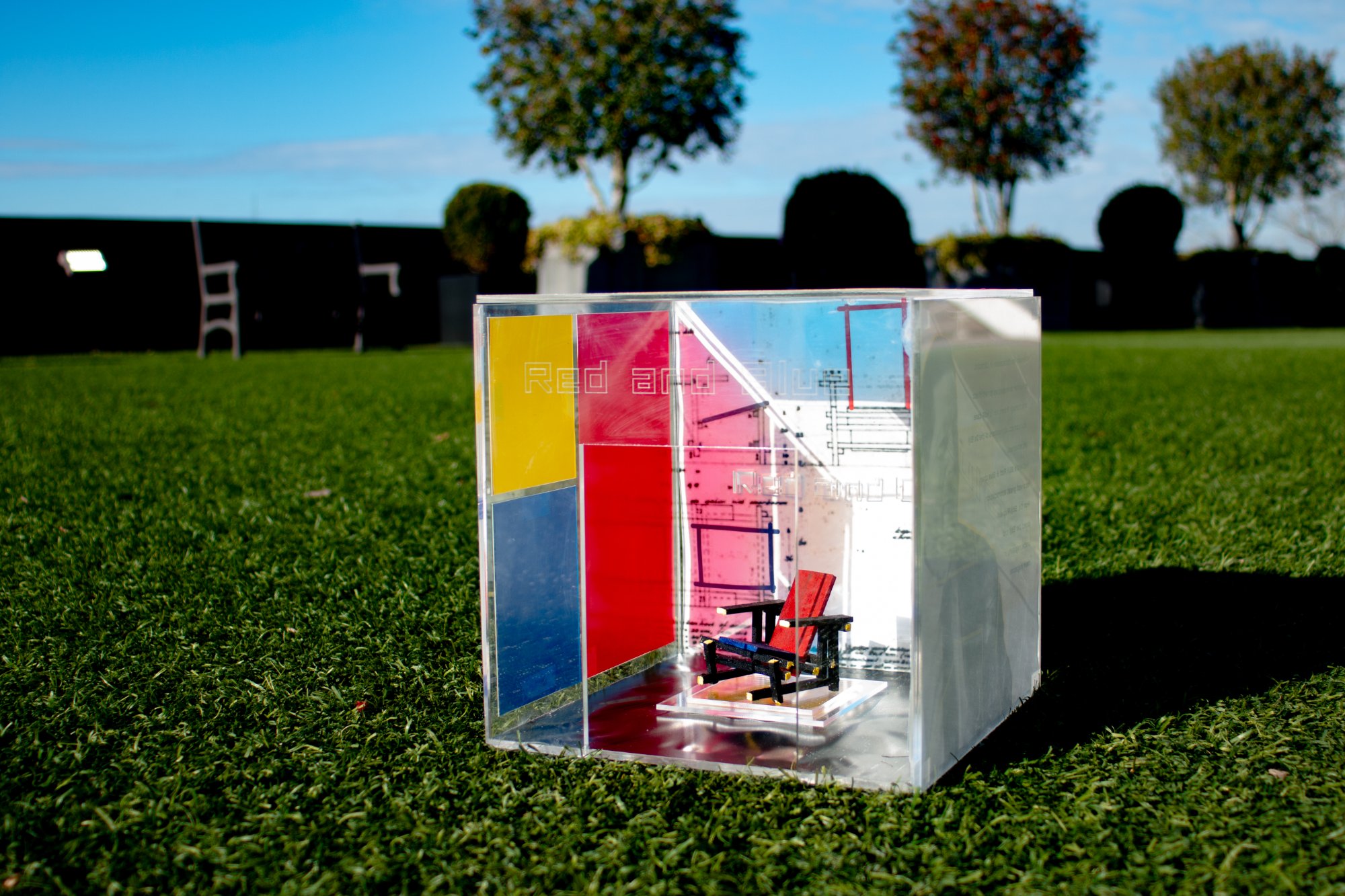 Photograph of a red and blue chair